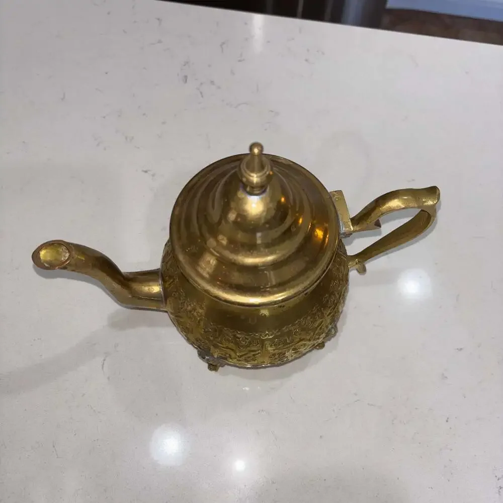 Vintage Ornate Moroccan Style Brass Decorative Teapot with Floral Engravings